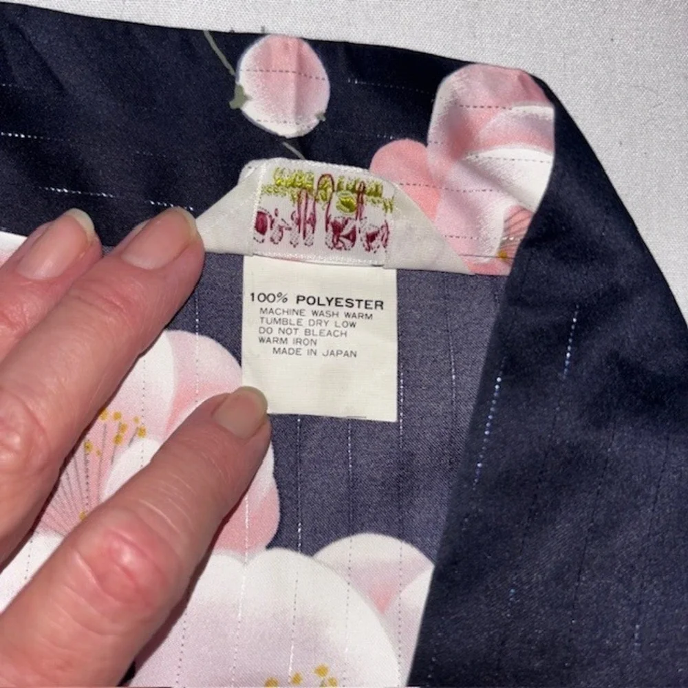 Ichiban Japanese Kimono Robe Navy Blue Pink Floral Cherry Blossom Metallic Japan